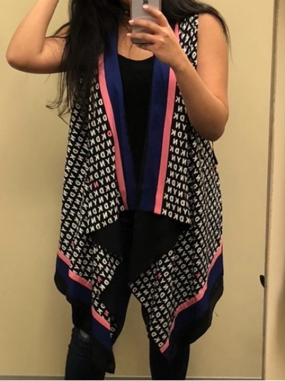 DKNY Black Open-Front Vest with Pink and Blue Trim